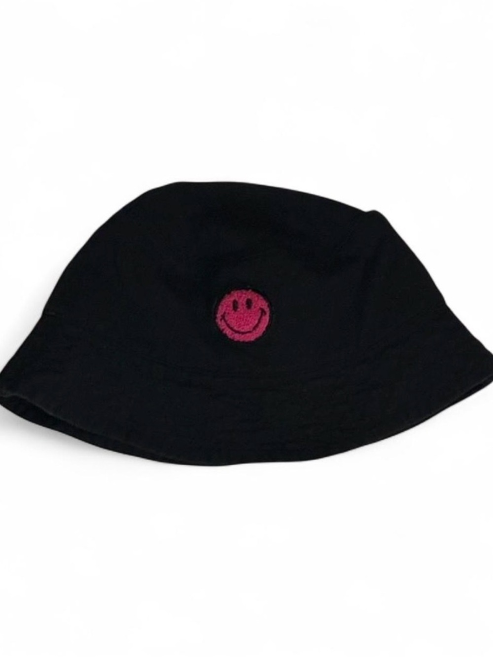Black Bucket Hat with Pink Smiley